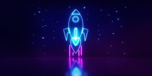 Startup digital neon light, rocket launch and stars light with background dark. Business or project startup banner concept. Flat style illustration with space for text. 3d rendering - illustration.