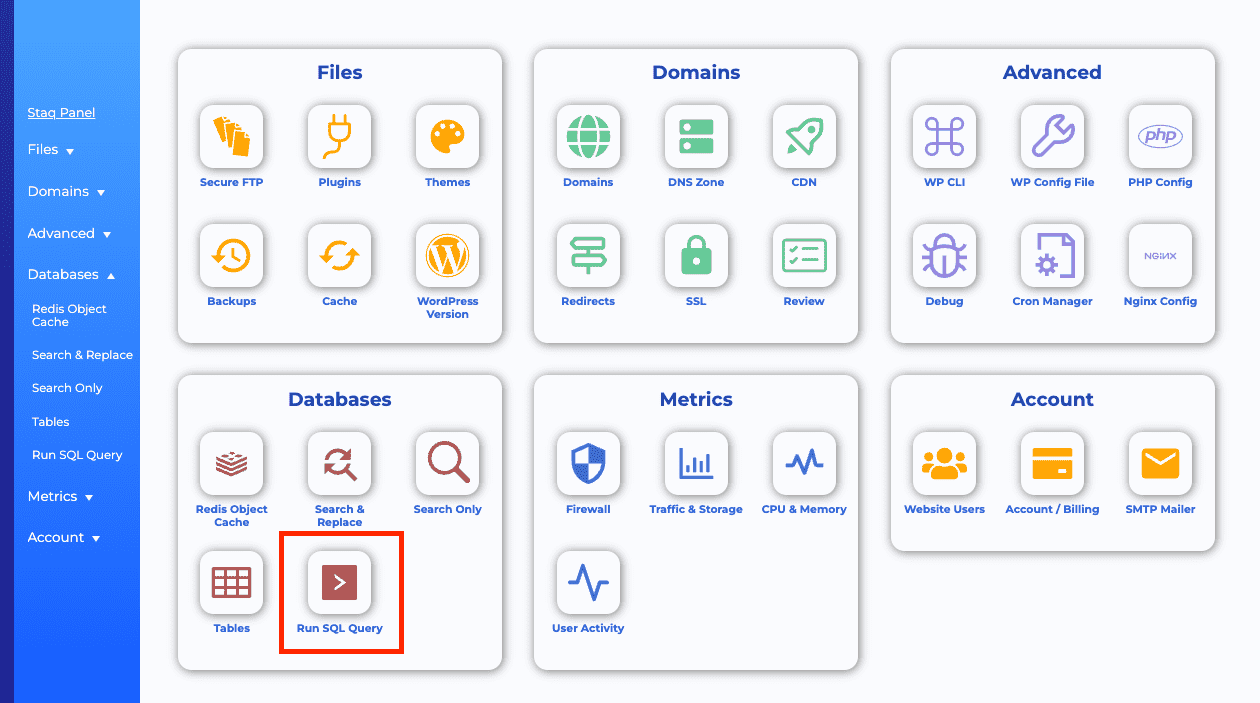 Running SQL queries inside Staq Panel - Managed WordPress Hosting Platform