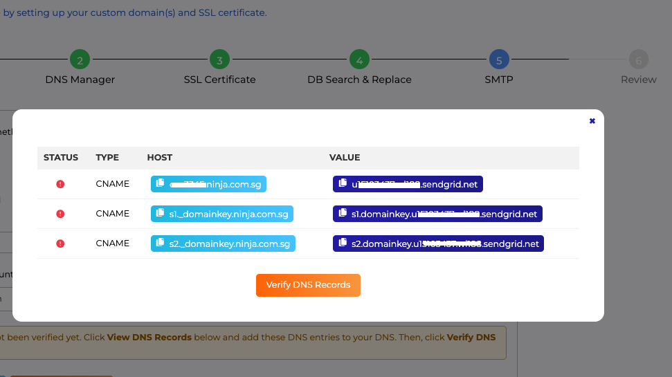 Insert SendGrid DNS Entries