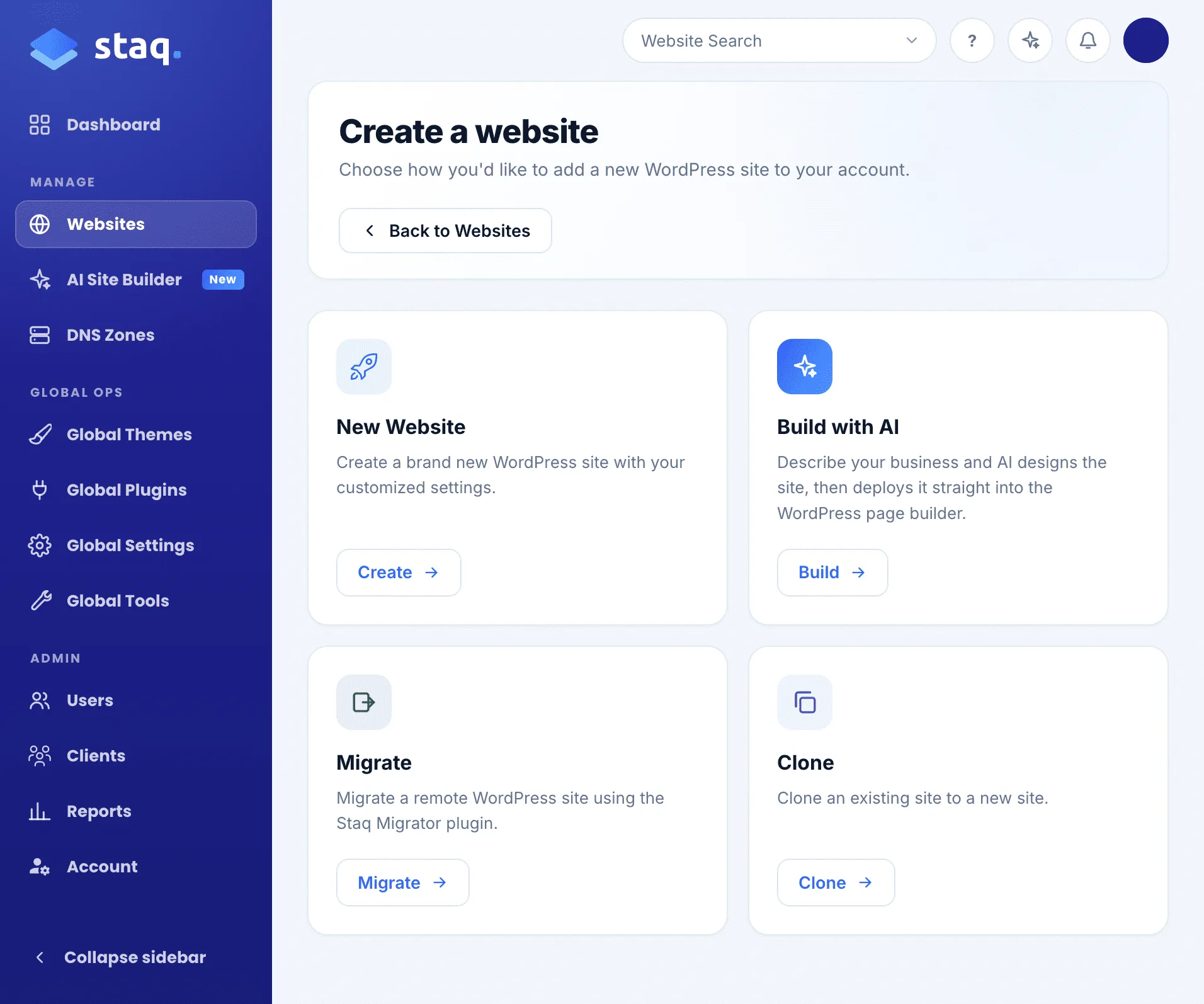 Create, build with AI, migrate, or clone