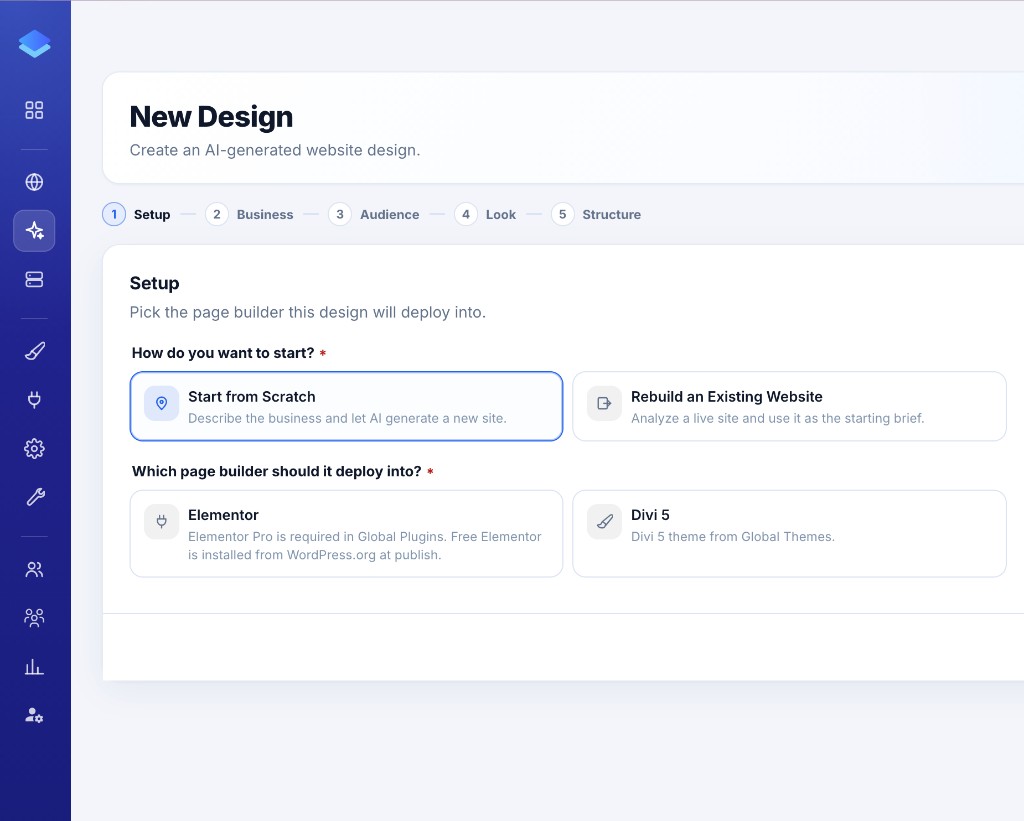 AI Site Studio setup: start from scratch or rebuild an existing website, then pick Elementor or Divi 5