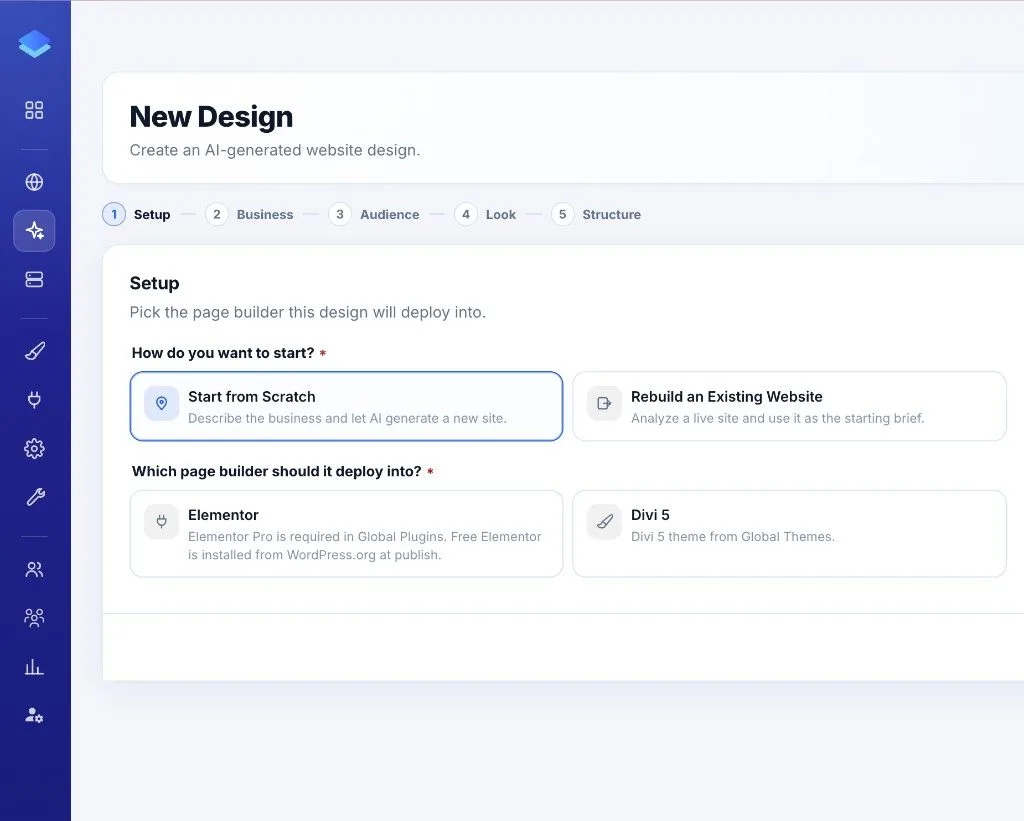 AI Site Studio setup: start from scratch or rebuild an existing website, then pick Elementor or Divi 5
