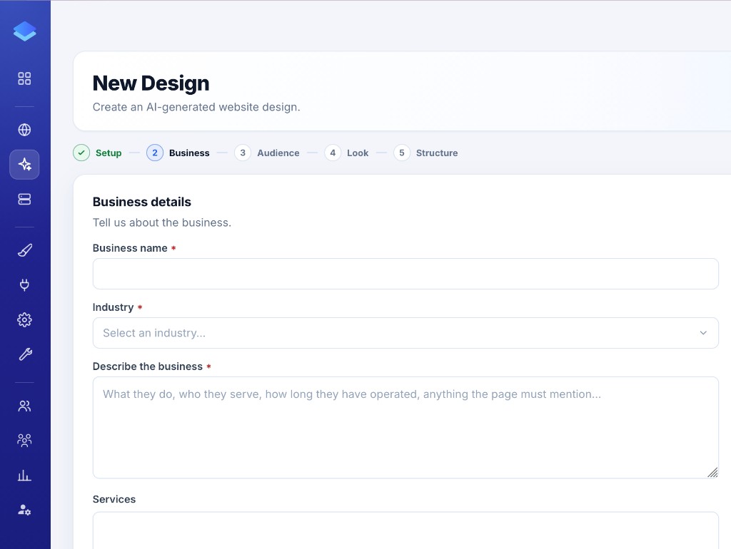 Business details step: name, industry, description, and services