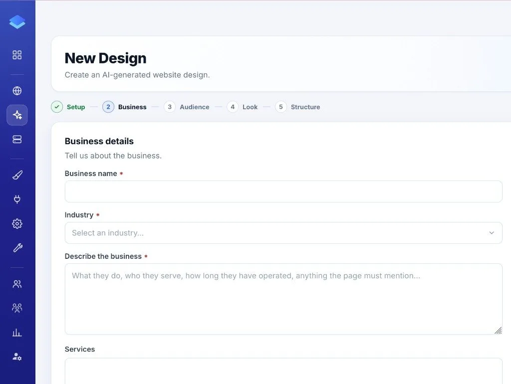 Business details step: name, industry, description, and services