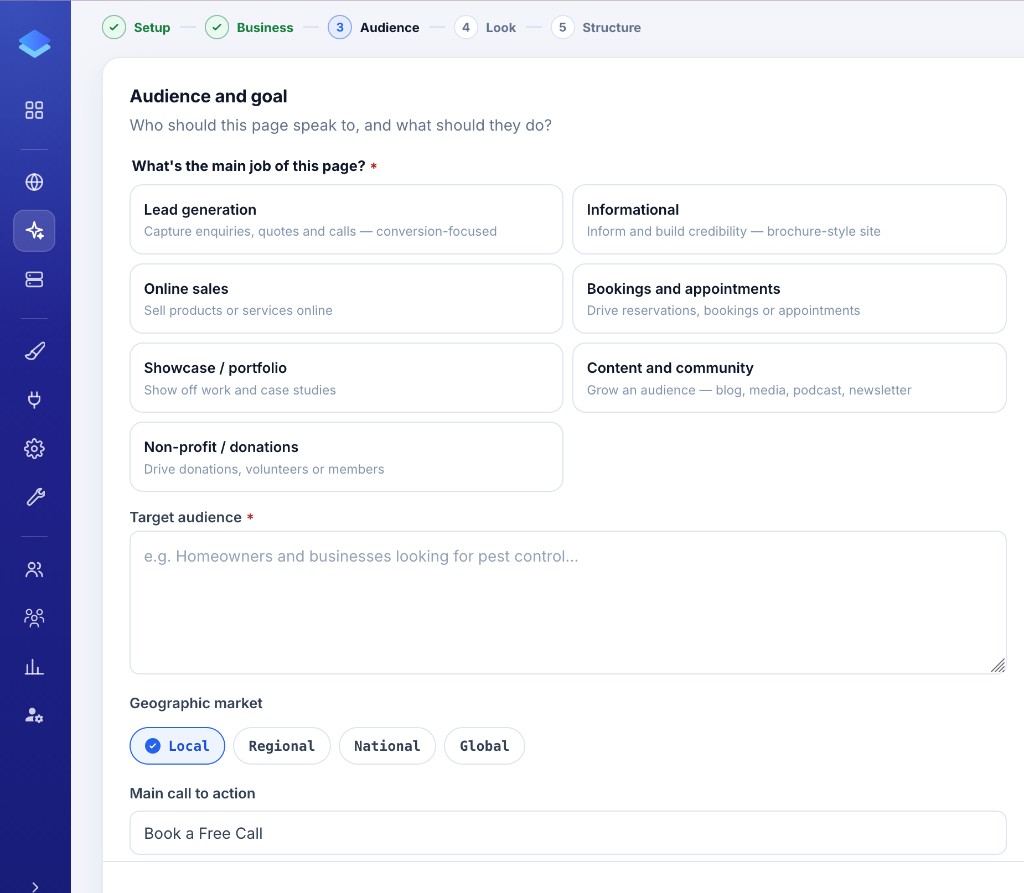 Audience and goal step: page job, target audience, market, and call to action