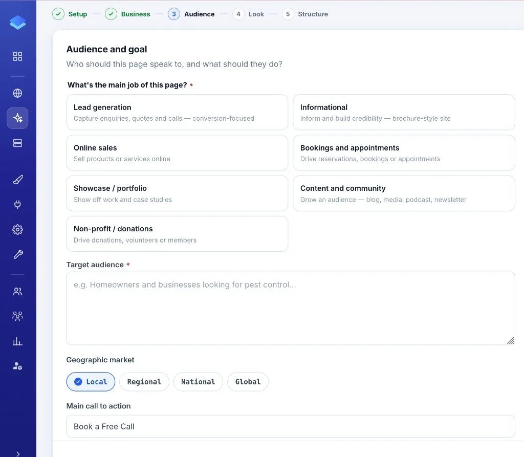 Audience and goal step: page job, target audience, market, and call to action
