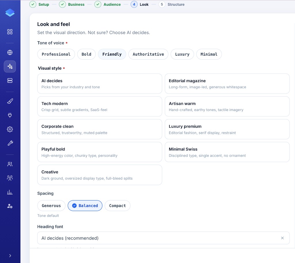 Look and feel step: tone of voice, visual style, spacing, and heading font