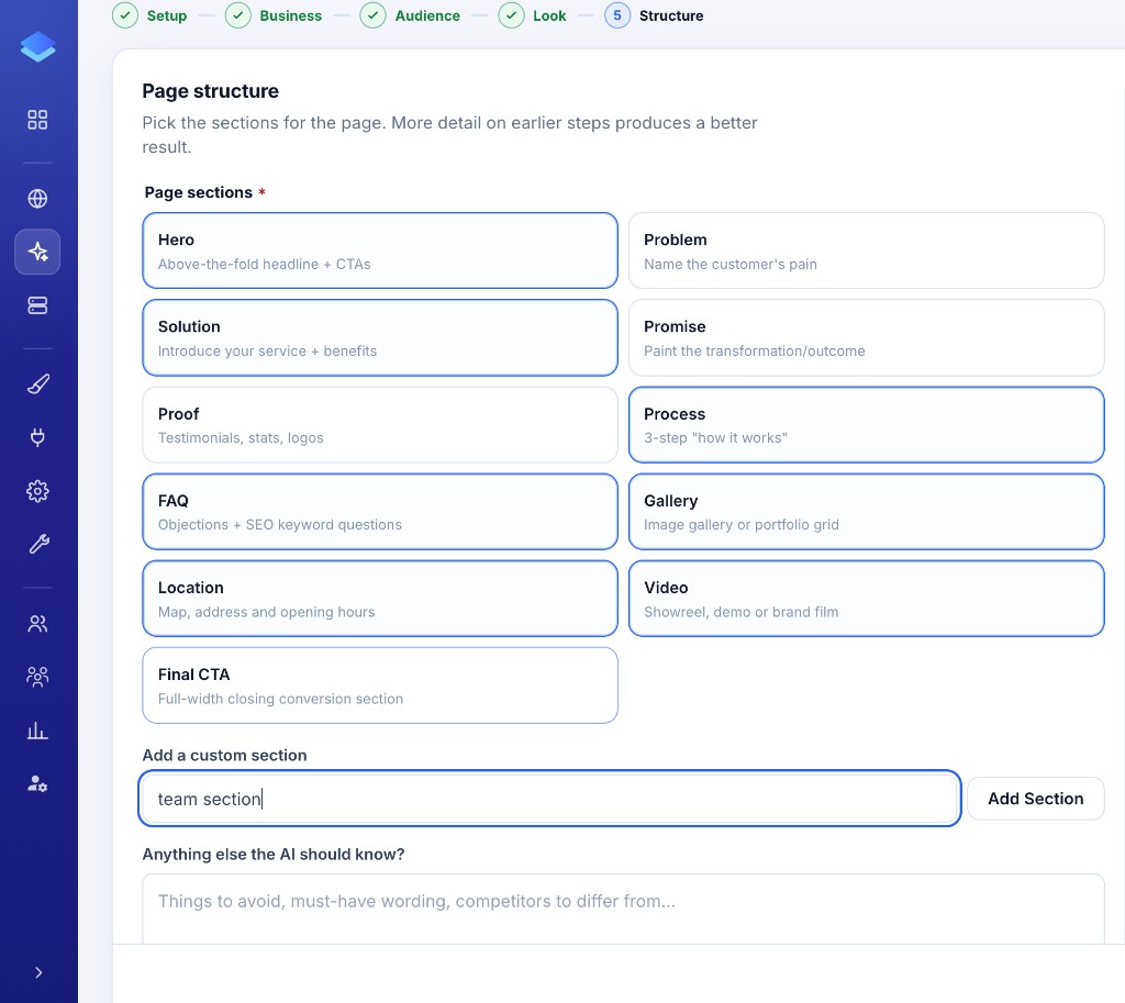 Page structure step: section cards, custom section, and extra AI notes