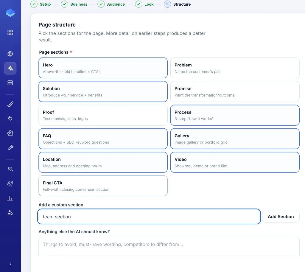 Page structure step: section cards, custom section, and extra AI notes