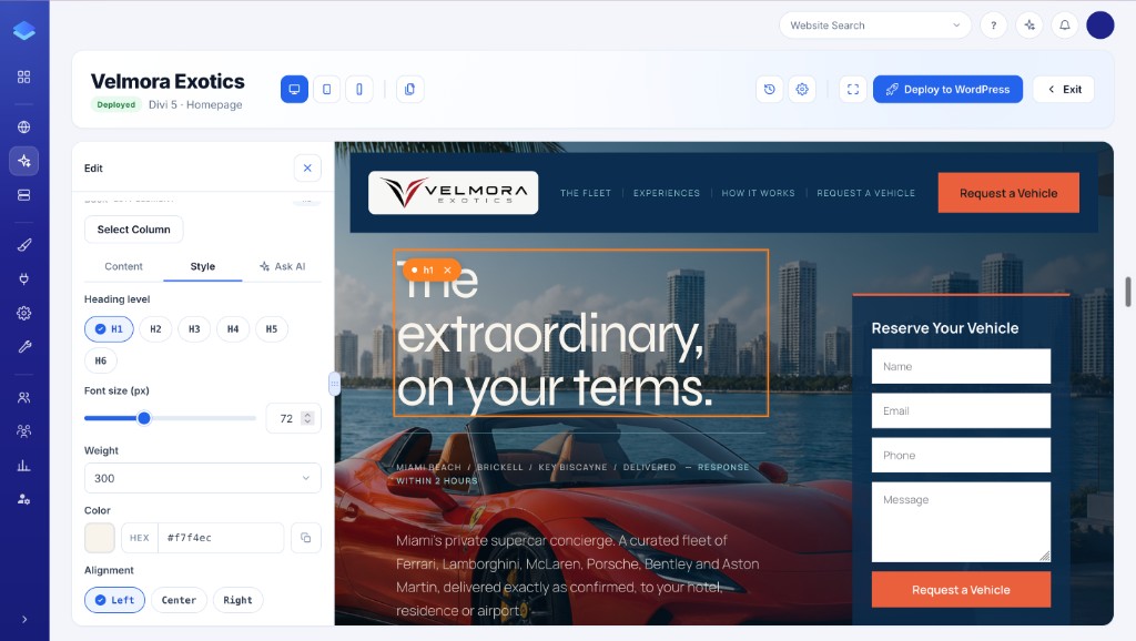 Style panel on a Velmora Exotics headline, font size 72px