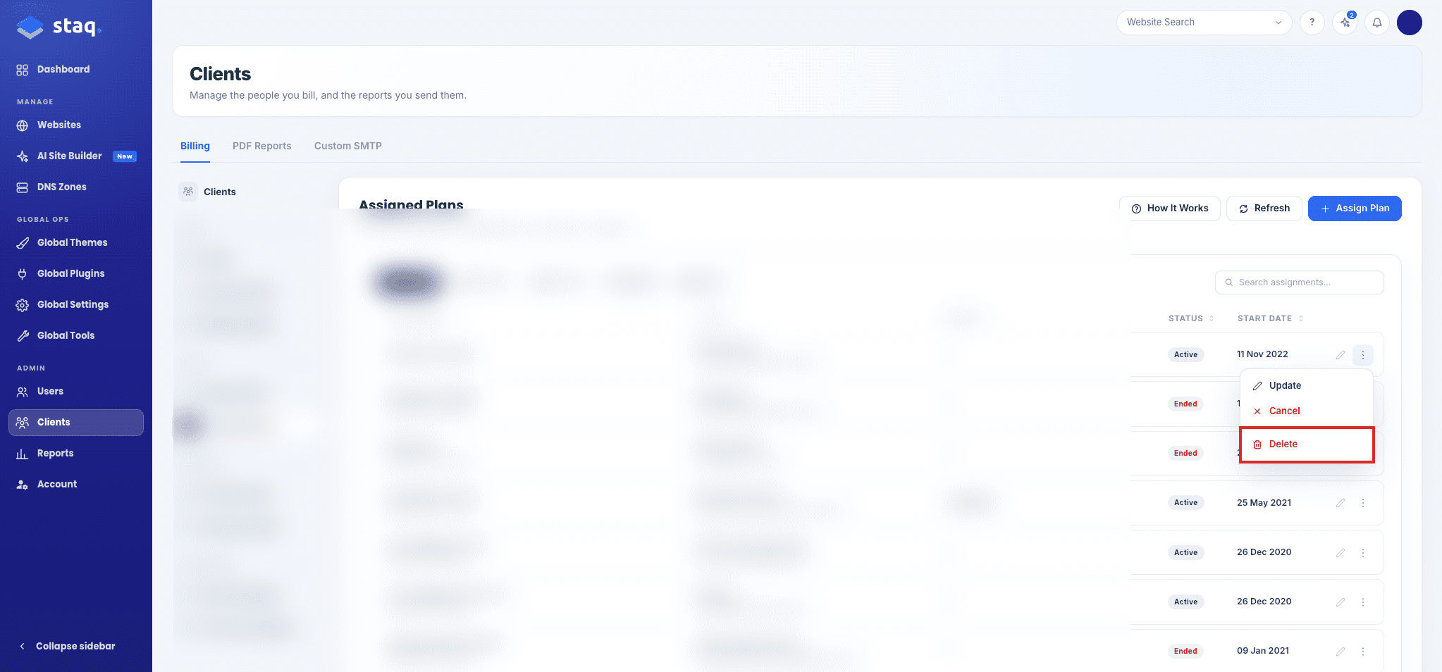 Delete in the Assigned Plans row Actions menu