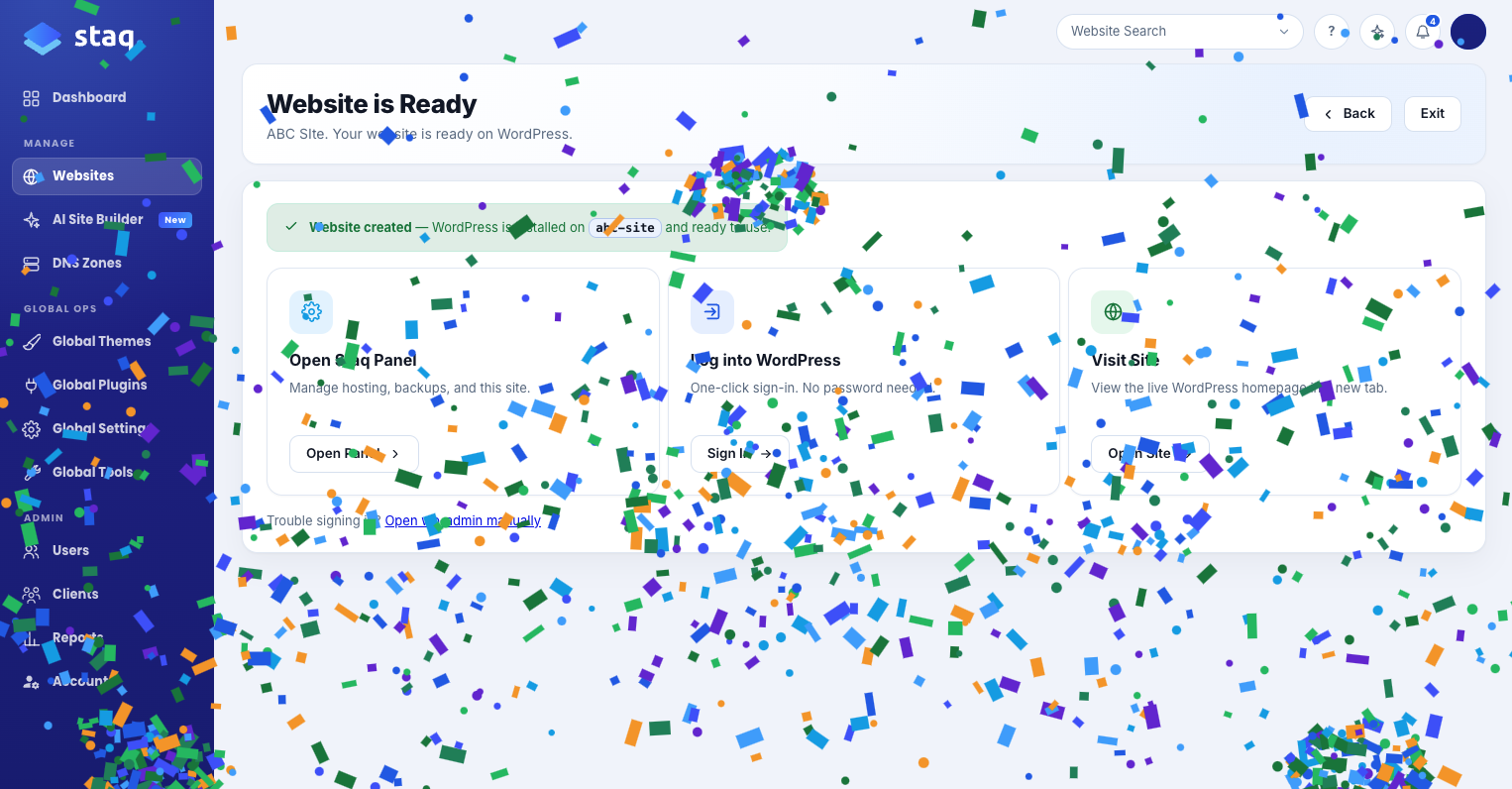 Confetti on screen after a website finishes deploying