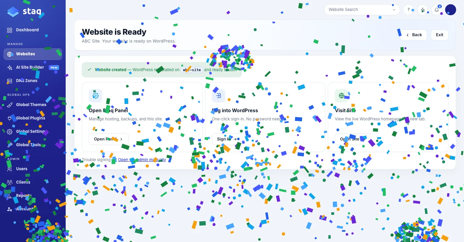 Confetti on screen after a website finishes deploying