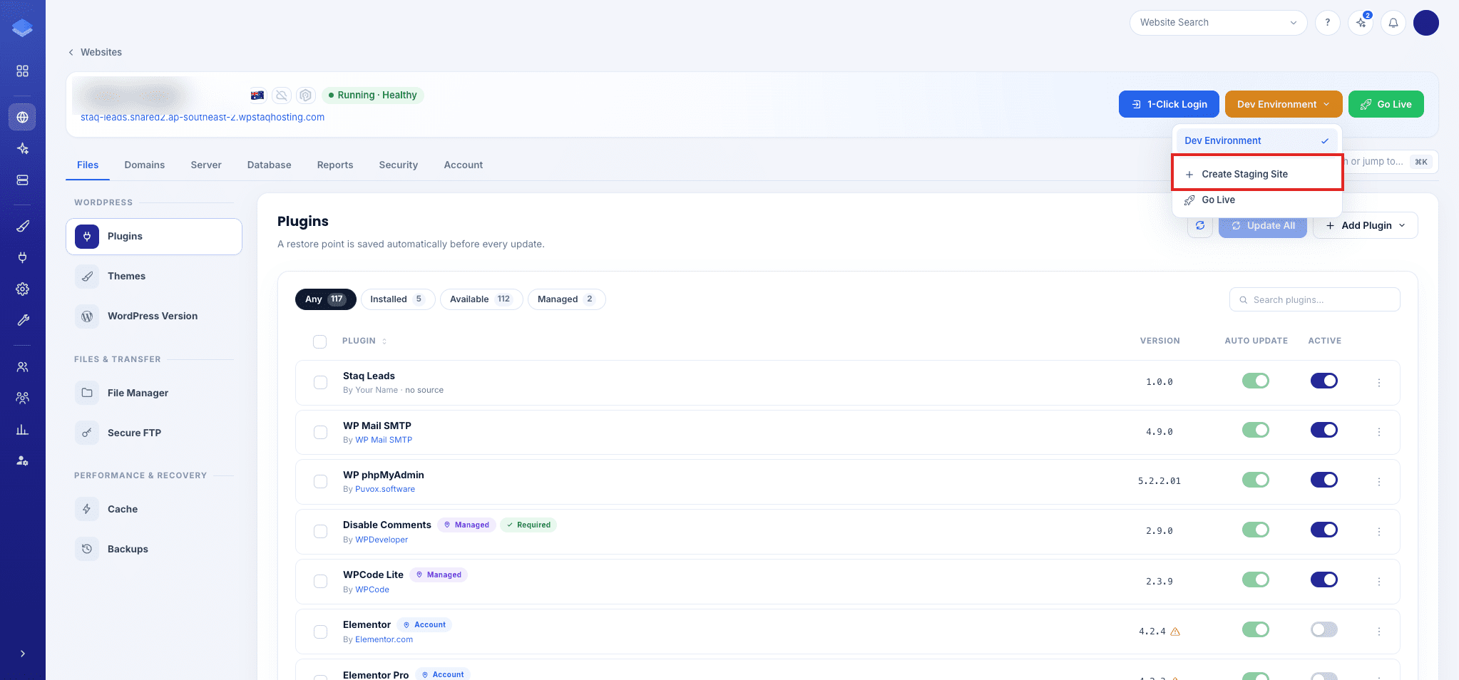 Create Staging Site in the environment switcher