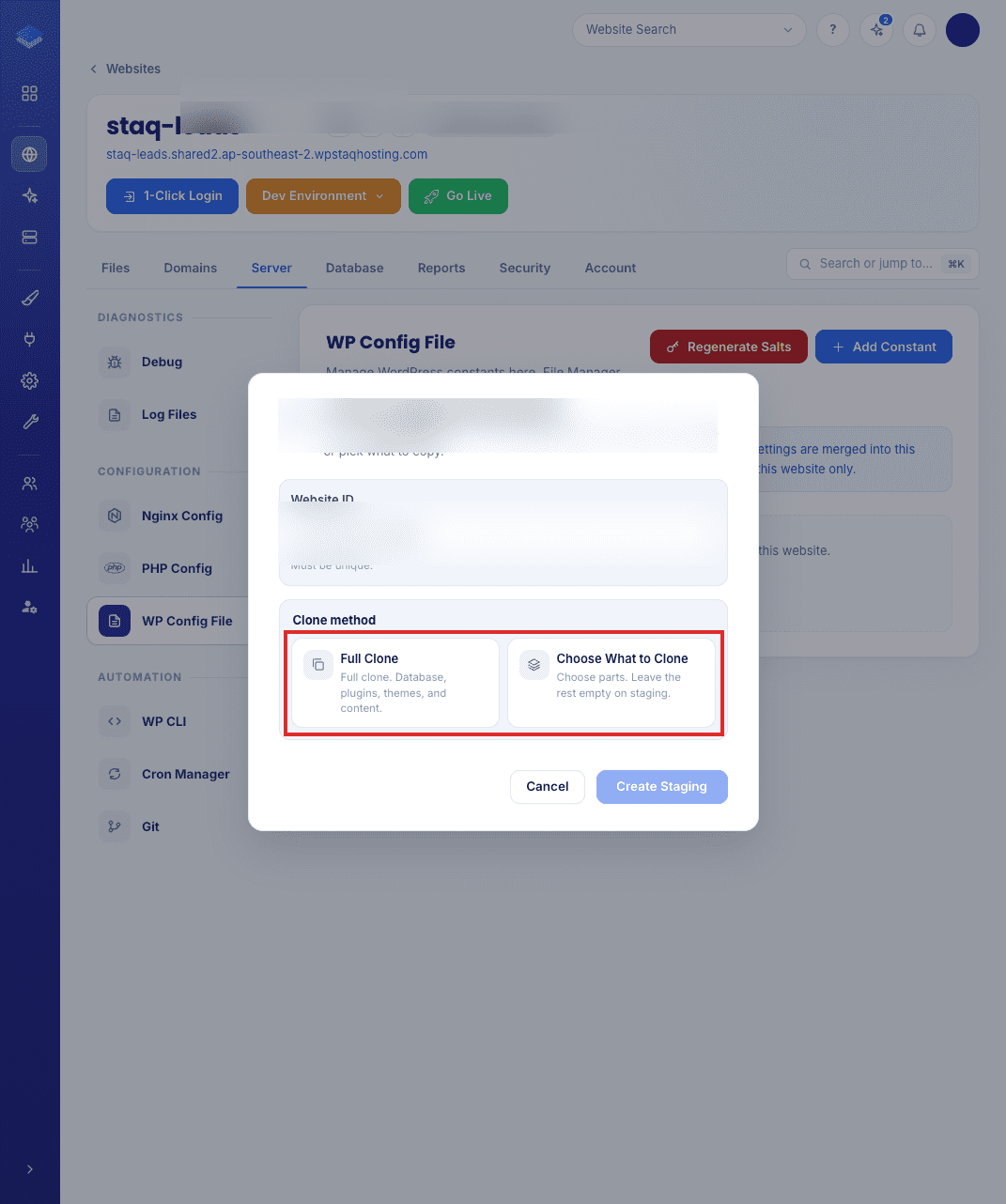 Create staging environment dialog with Full Clone and Choose What to Clone