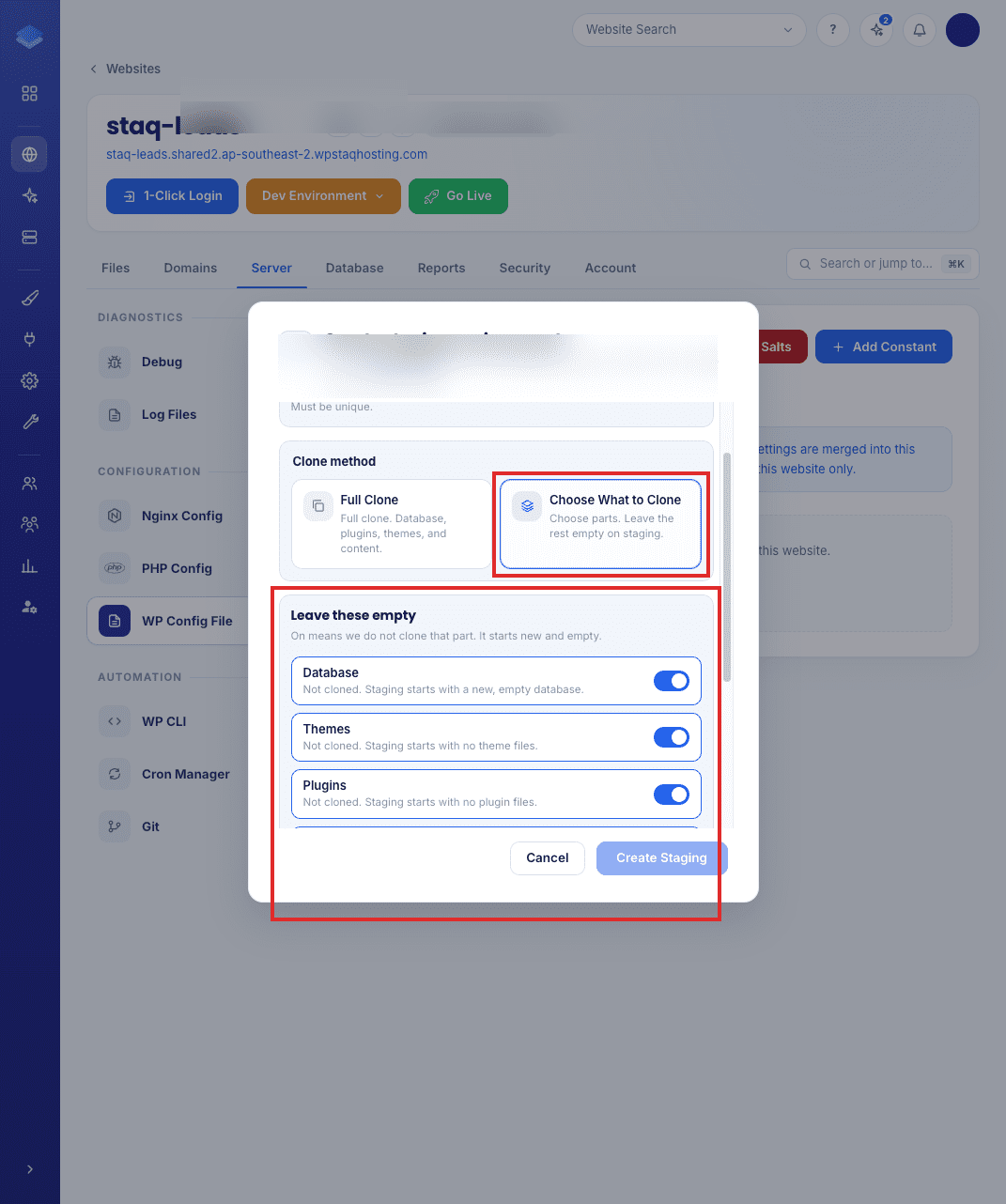 Leave these empty toggles for a blank staging site