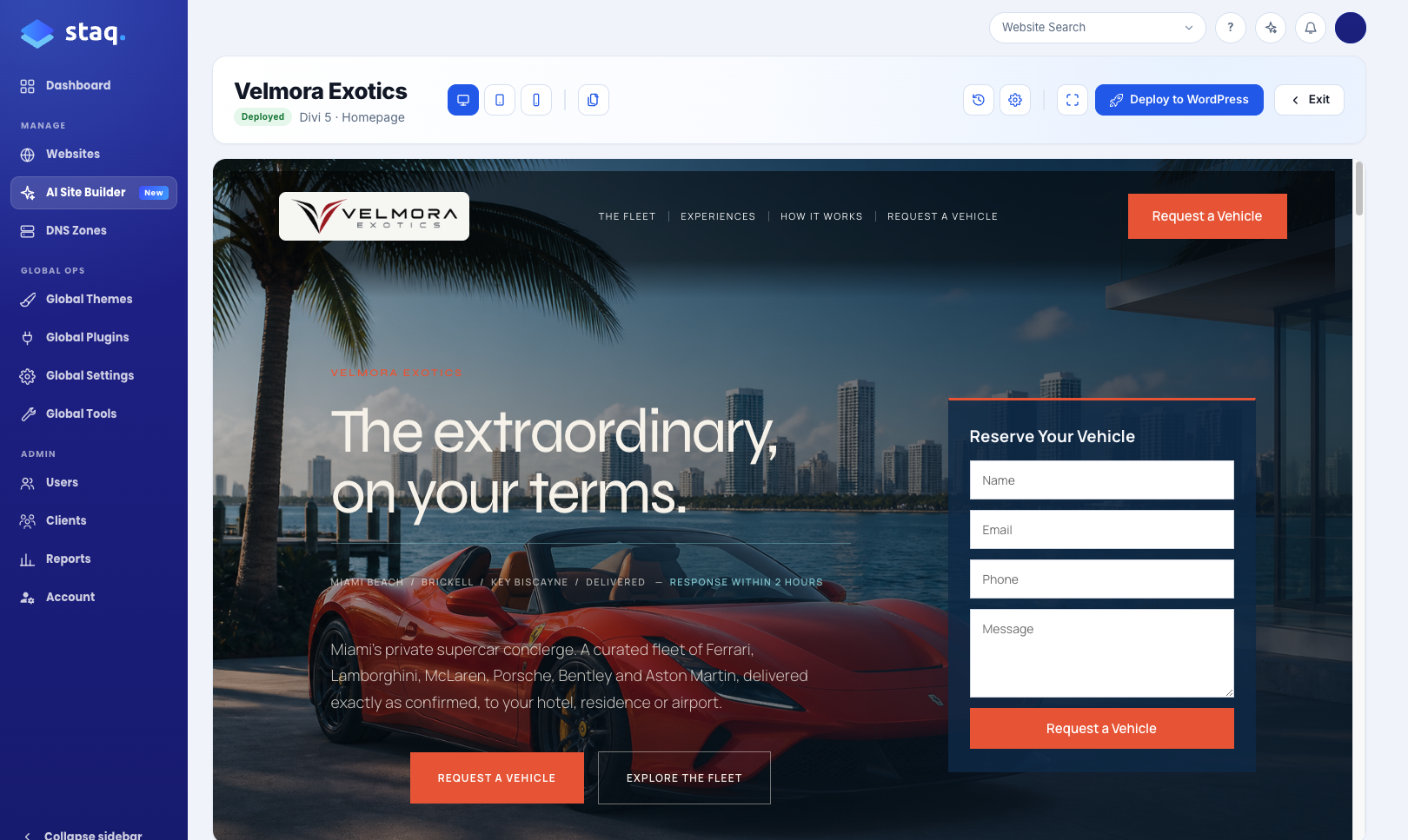 AI Site Builder editor with a generated WordPress site ready to deploy