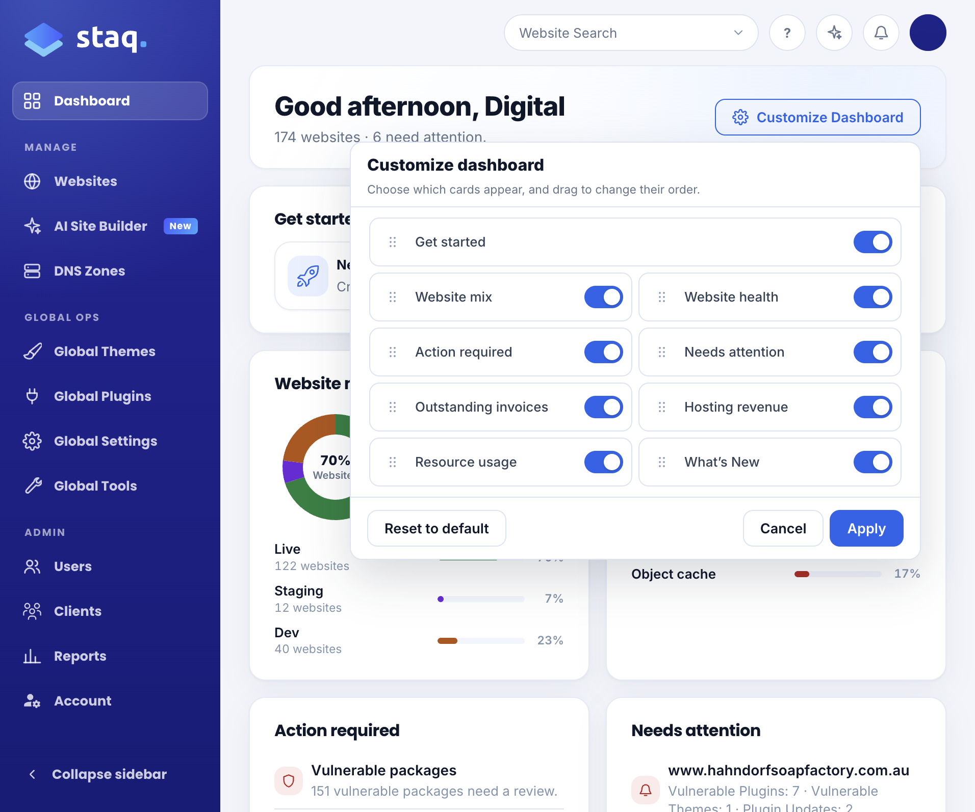 Customize Dashboard: show or hide cards and drag them into order