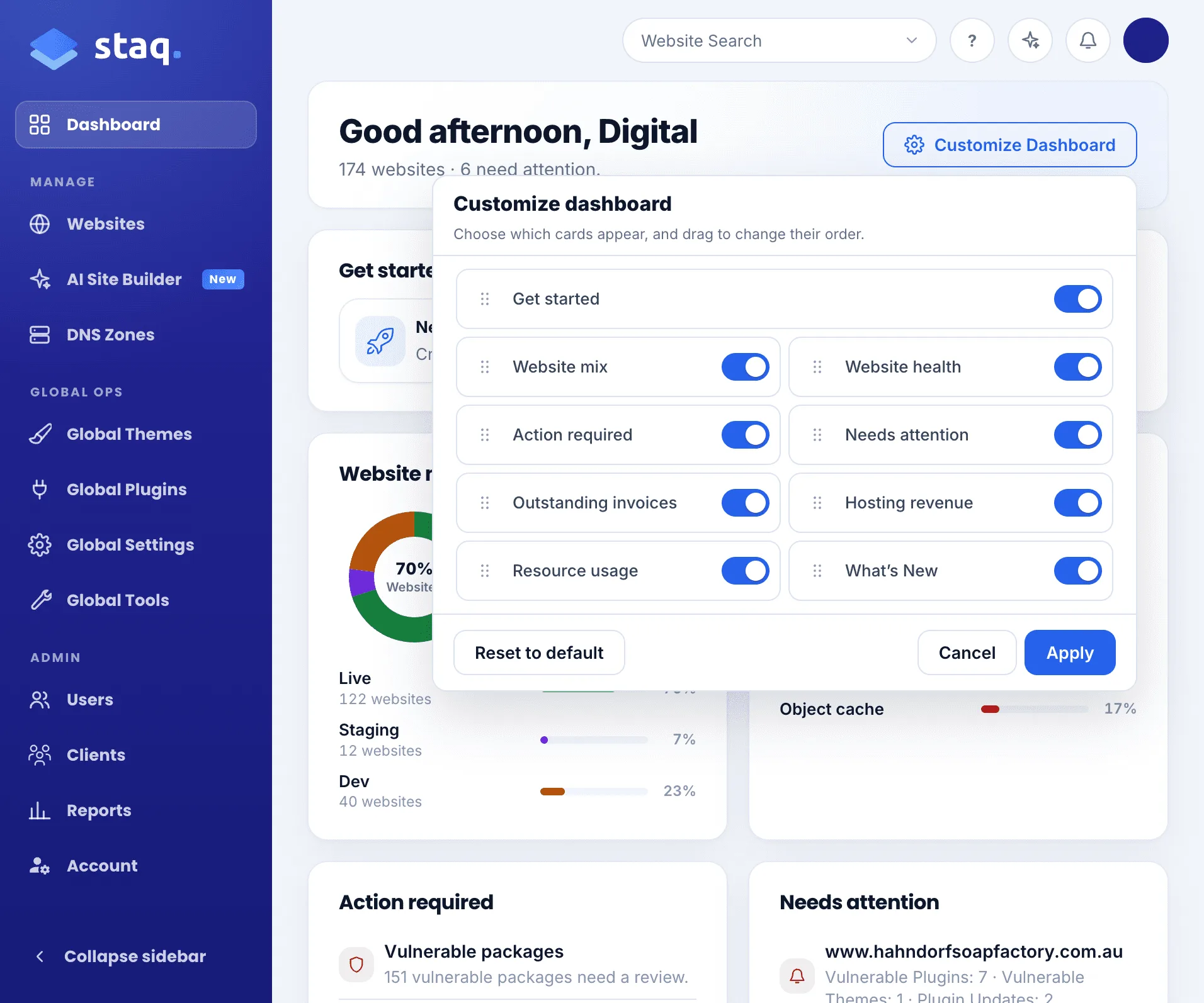 Customize Dashboard: show or hide cards and drag them into order