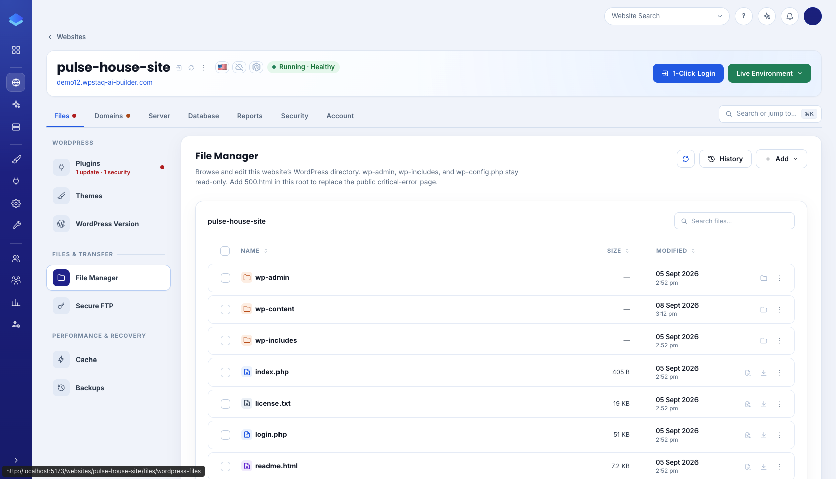 File Manager in Staq Panel, browsing the website files