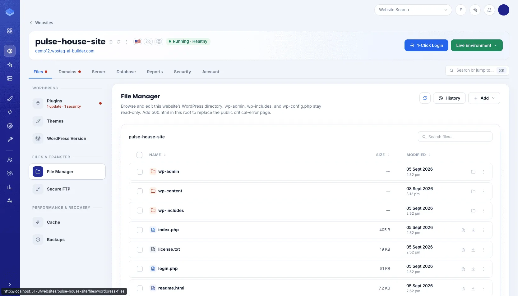 File Manager in Staq Panel, browsing the website files