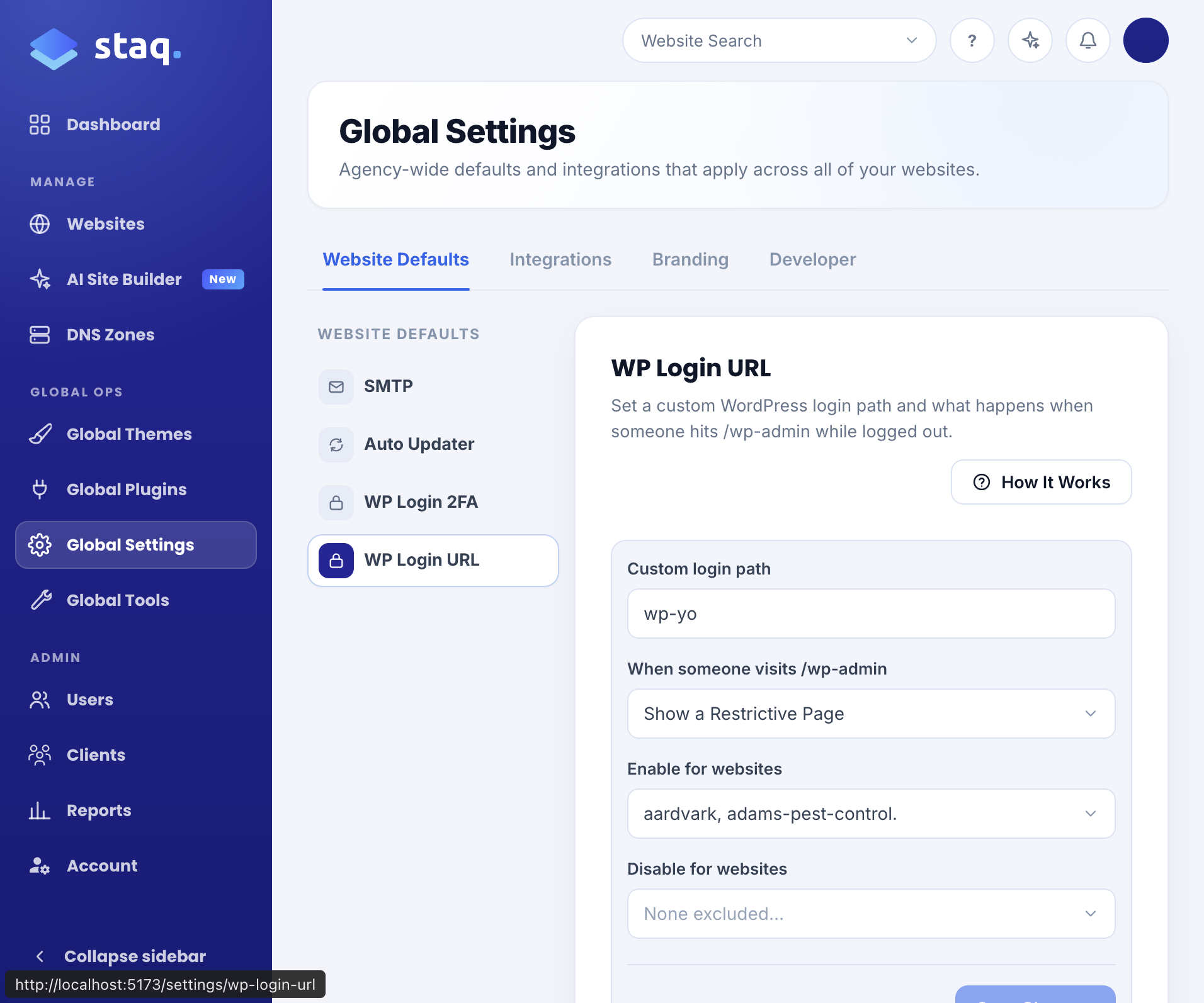 Global WP Login URL in Global Settings