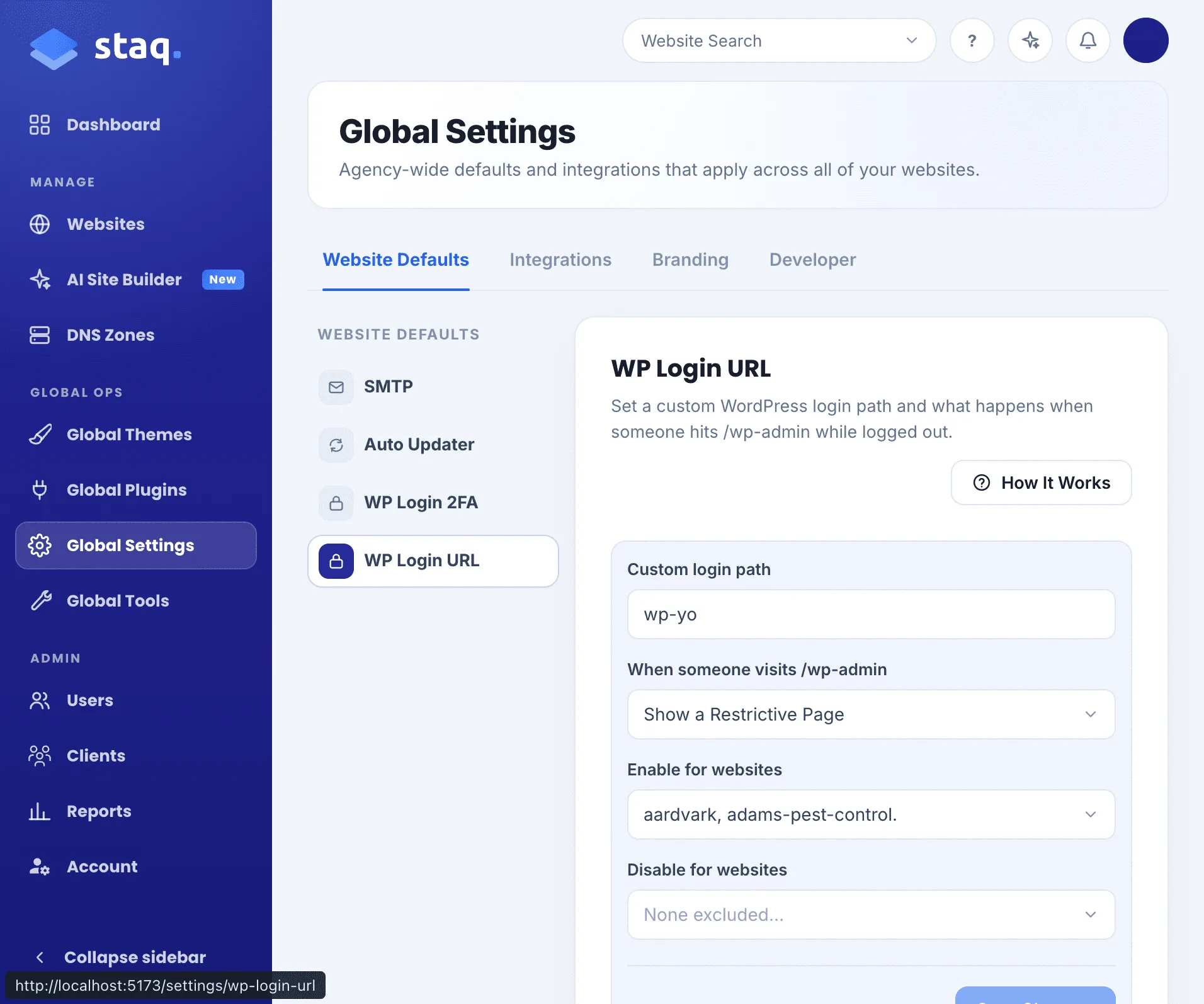 Global WP Login URL in Global Settings