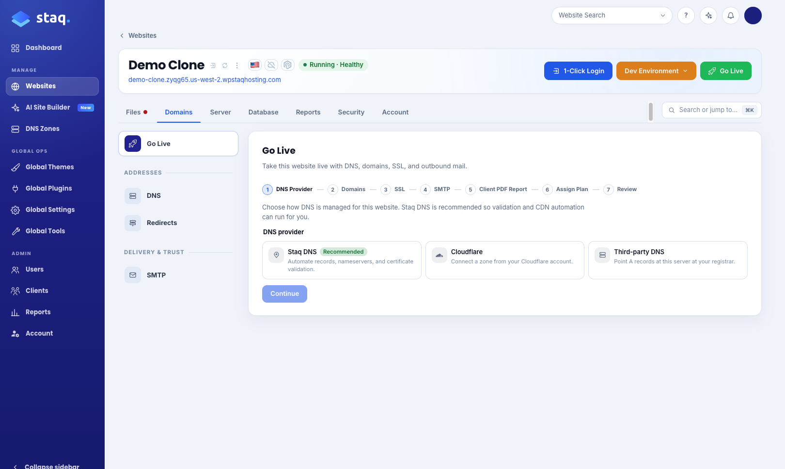 Go Live wizard with Client PDF Report and Assign Plan in the steps