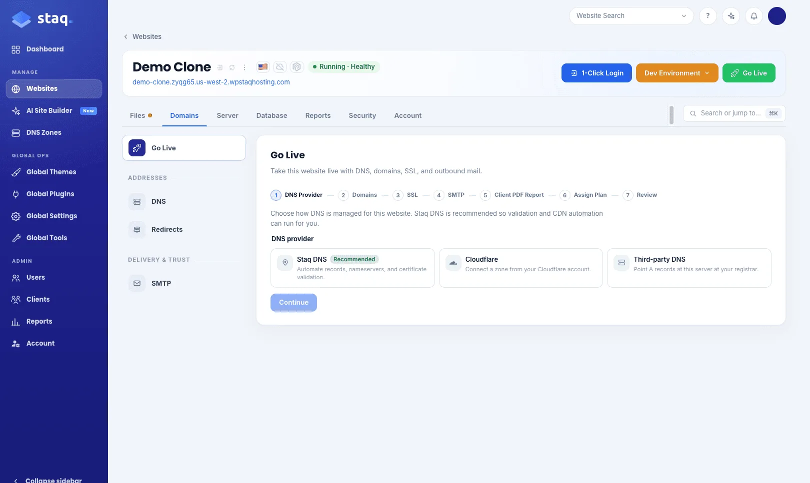 Go Live wizard with Client PDF Report and Assign Plan in the steps