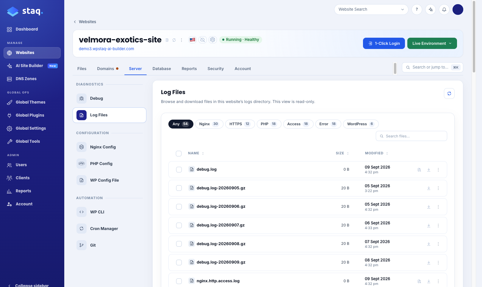 Log Files in Staq Panel Server, ready to browse and download