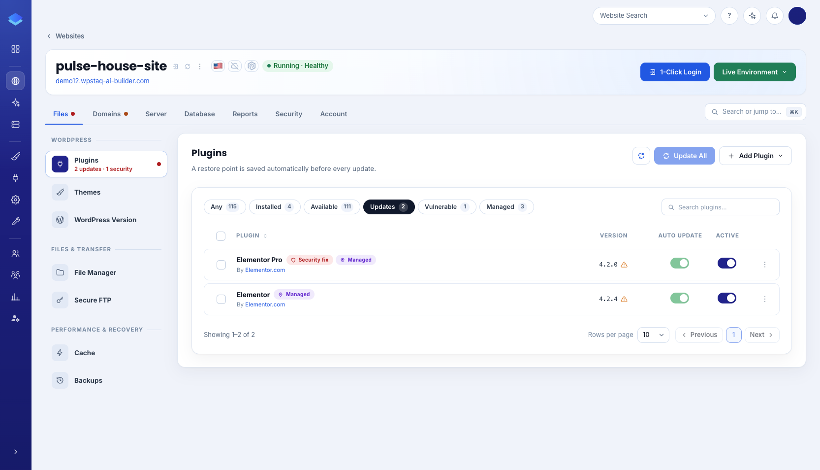 Staq Panel Plugins with Update All, security badges and the Files sub-menu