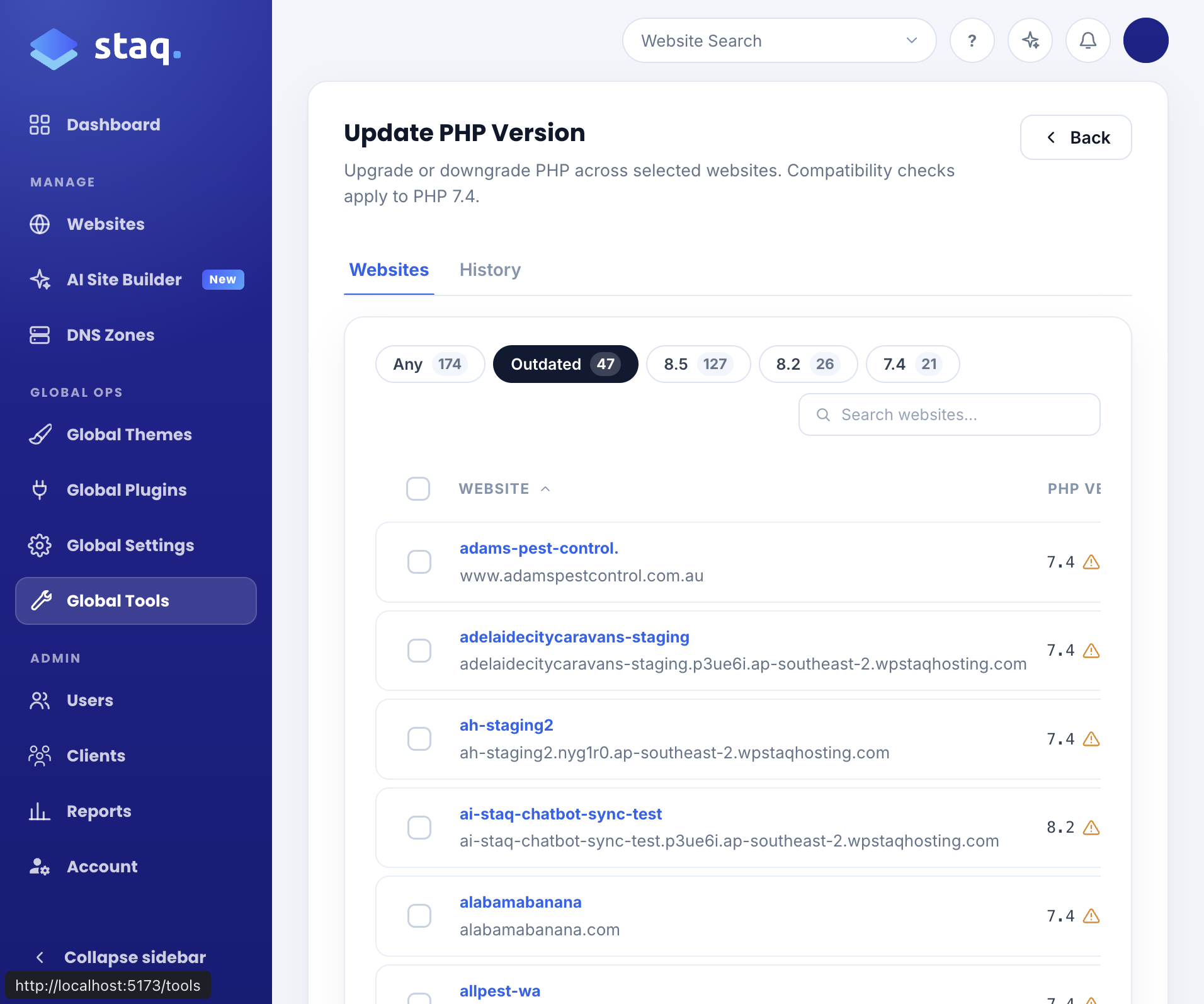 Update PHP Version across selected websites