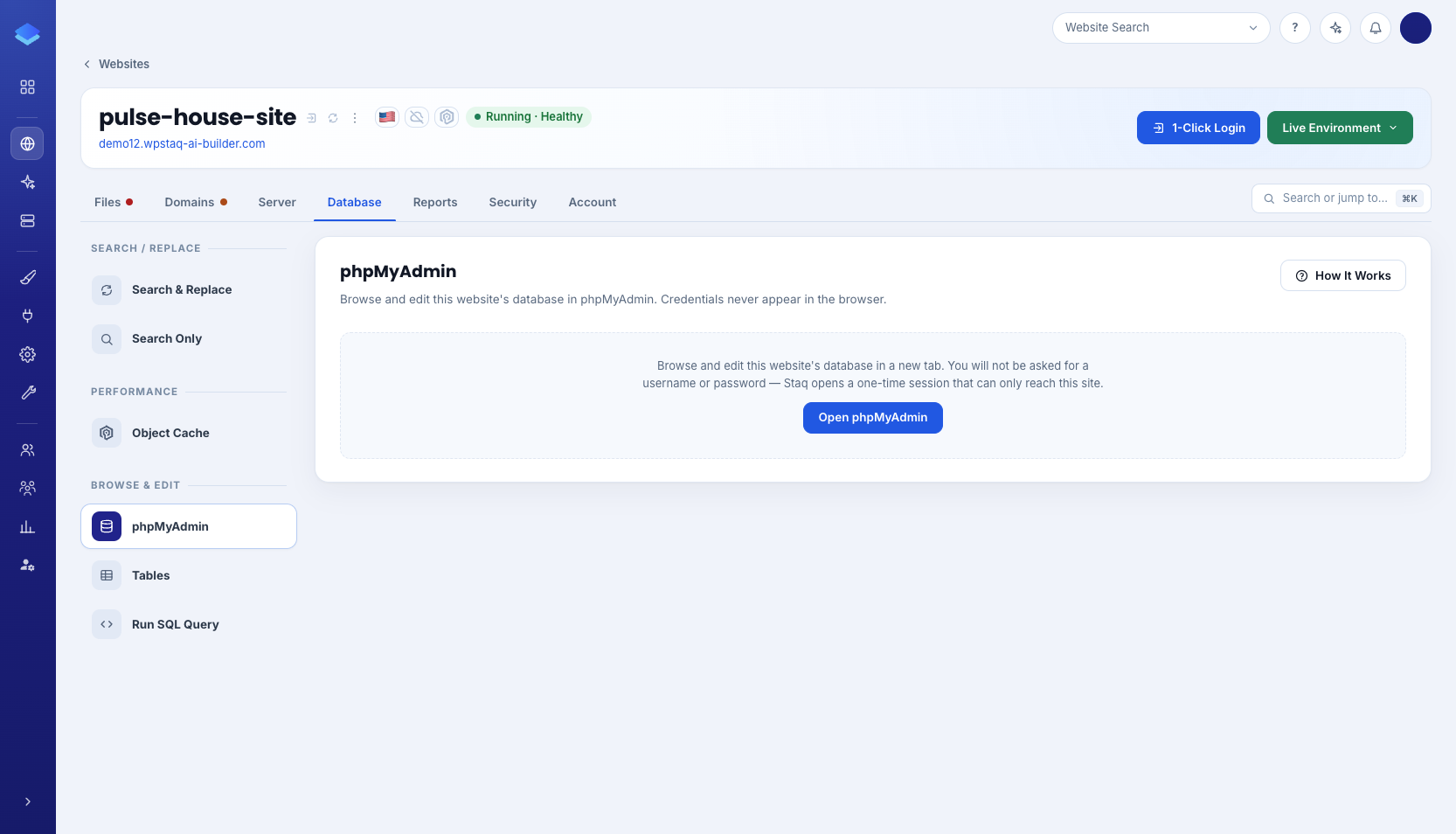 phpMyAdmin in Staq Panel Database, ready to open in one click