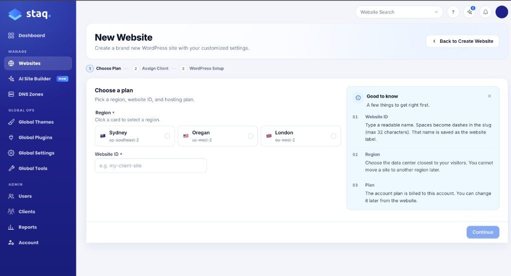 Choose a region for a new website