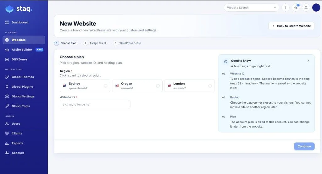 Choose a region for a new website