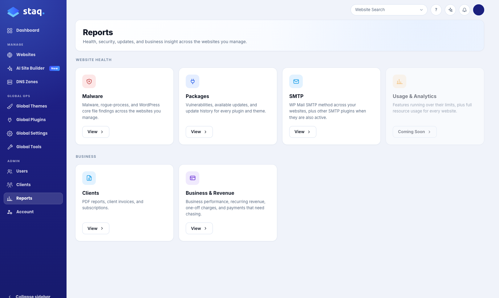 Reports hub with Malware, SMTP, Packages and Clients