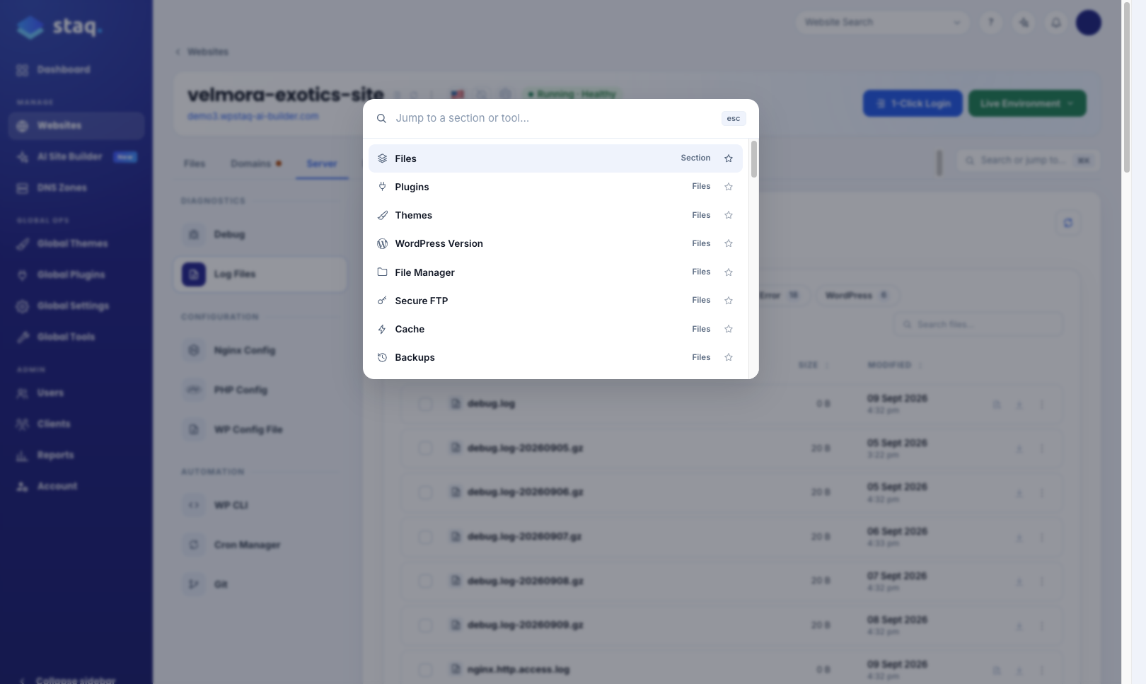 Jump to a section or tool, with starred shortcuts pinned at the top