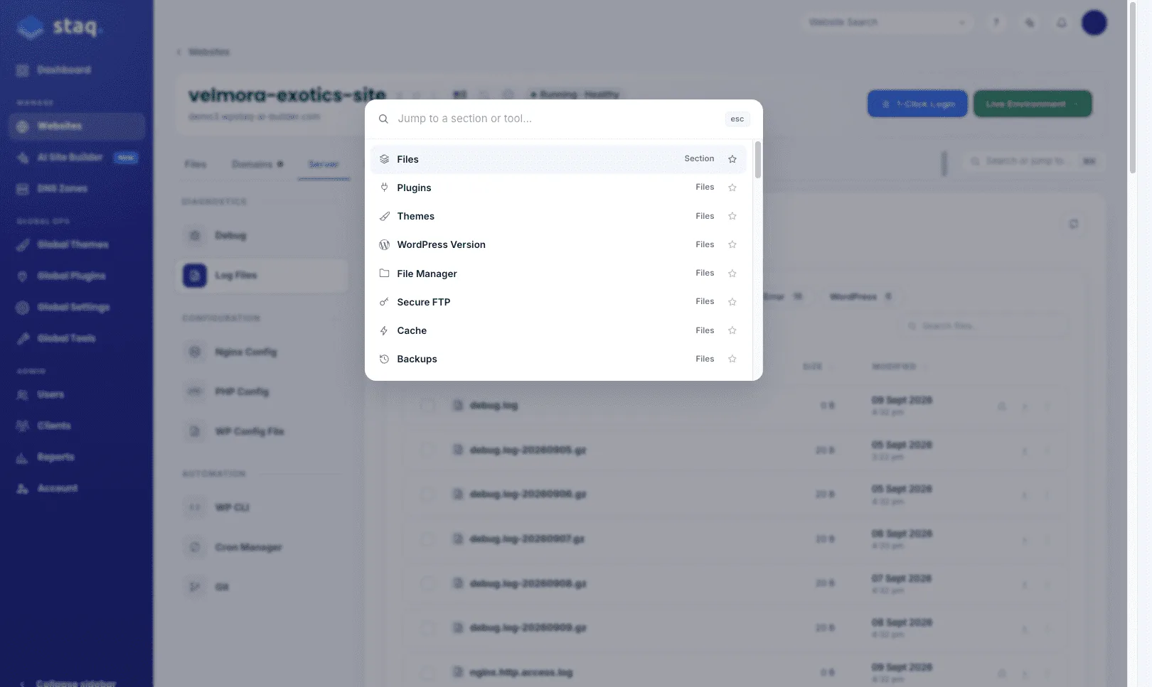 Jump to a section or tool, with starred shortcuts pinned at the top