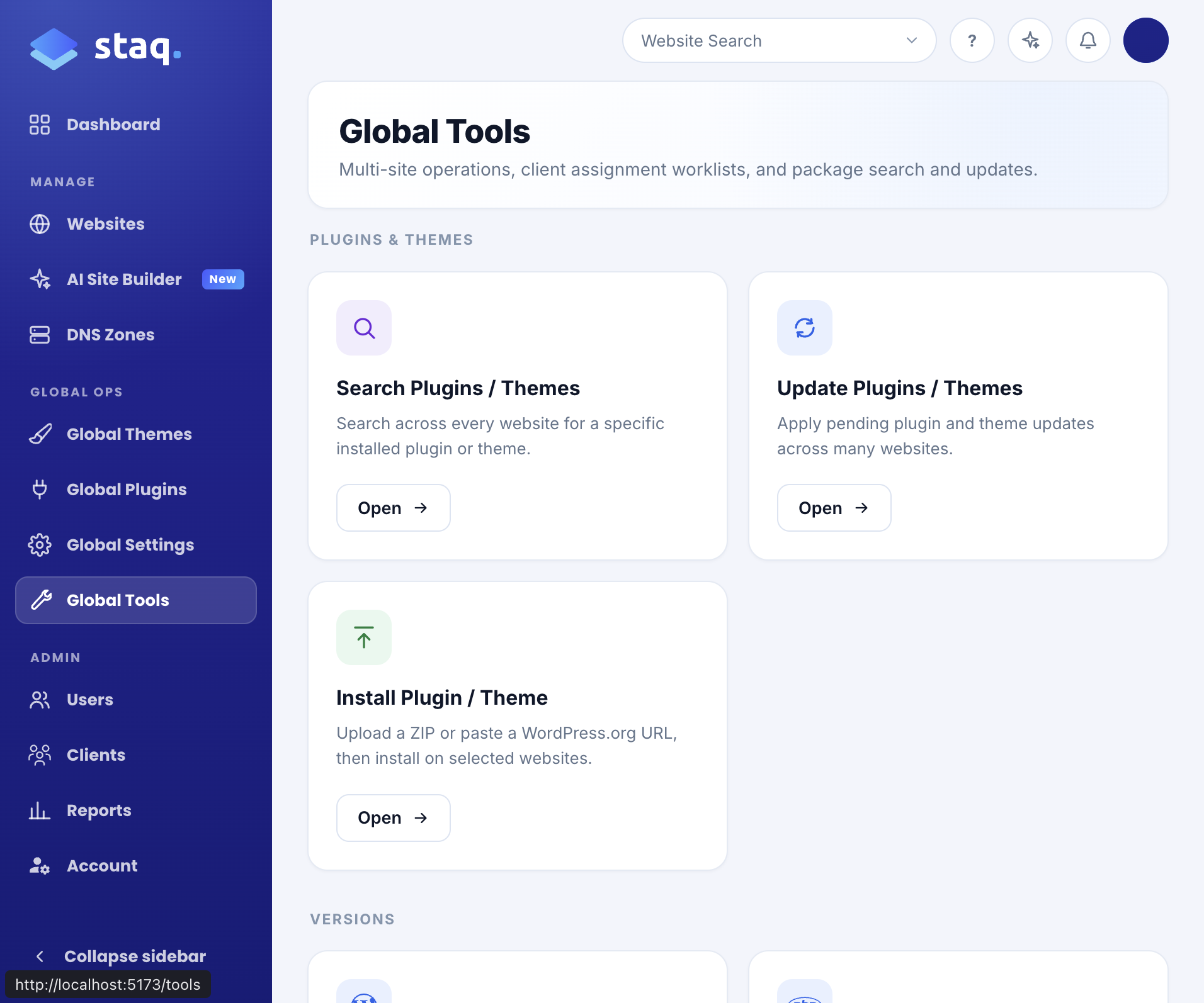 Global Tools hub with Install Plugin / Theme, Search, and Updates