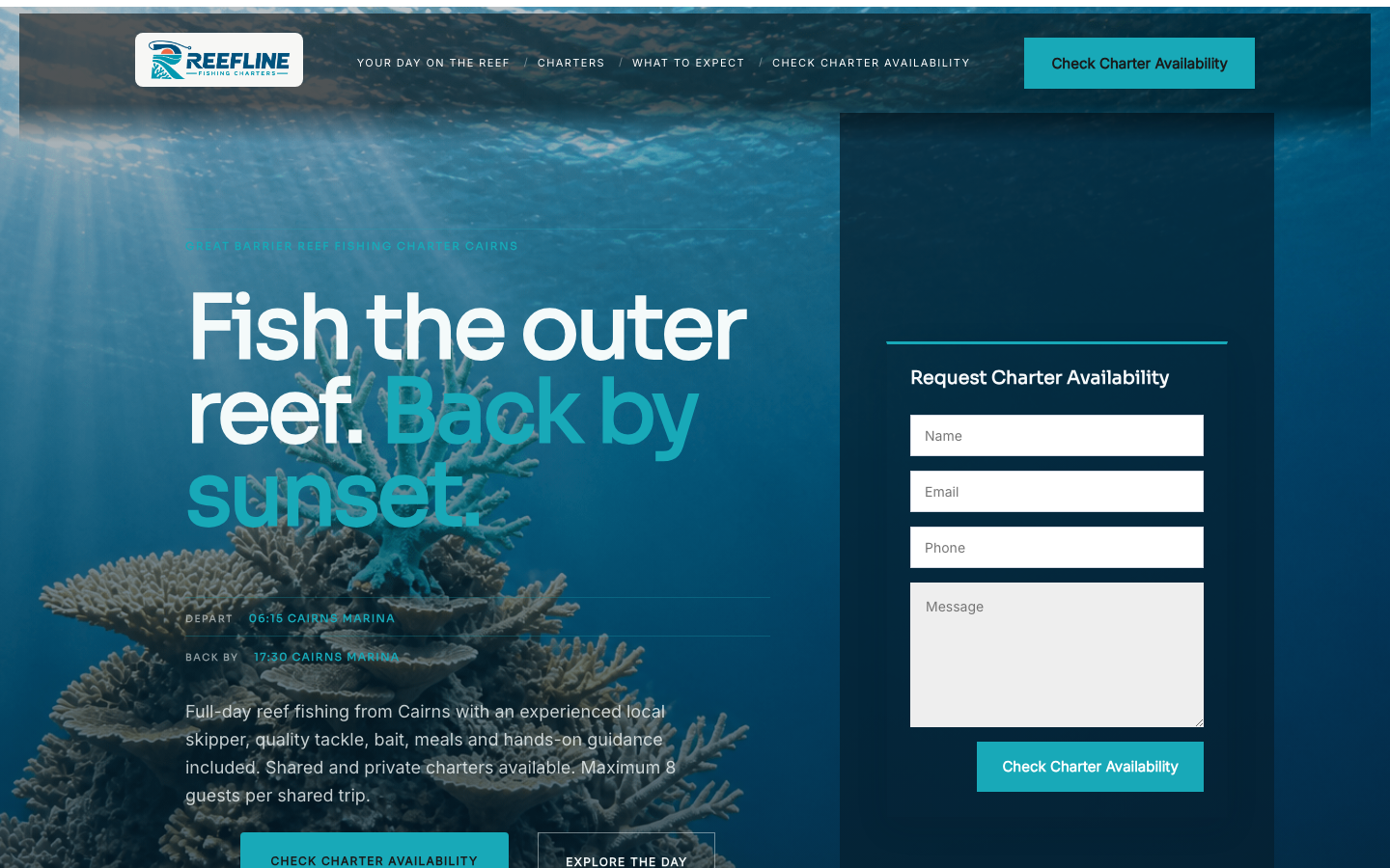Reefline Fishing Charters, Divi 5 demo site generated by AI Site Studio