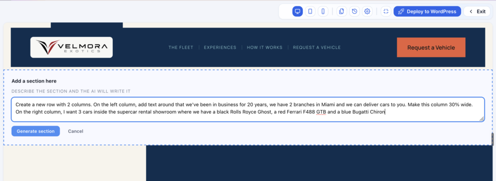Add Section prompt for a new row in AI Site Studio