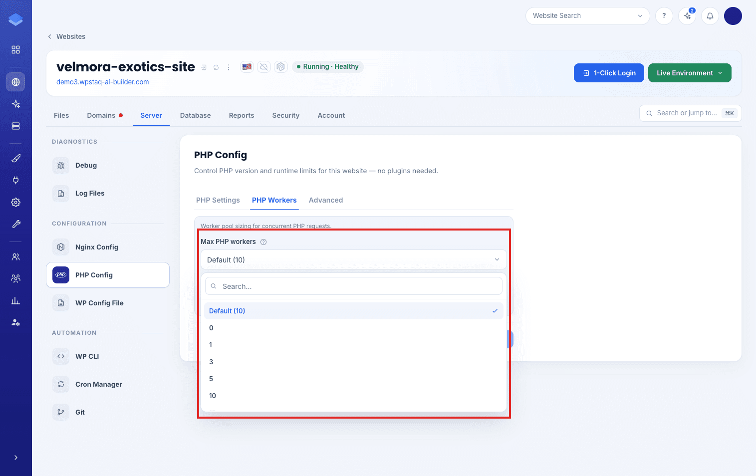 Max PHP workers menu on PHP Config