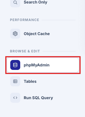 phpMyAdmin in the Database rail