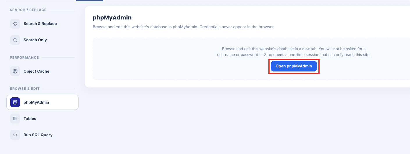 Open phpMyAdmin button in Staq Panel