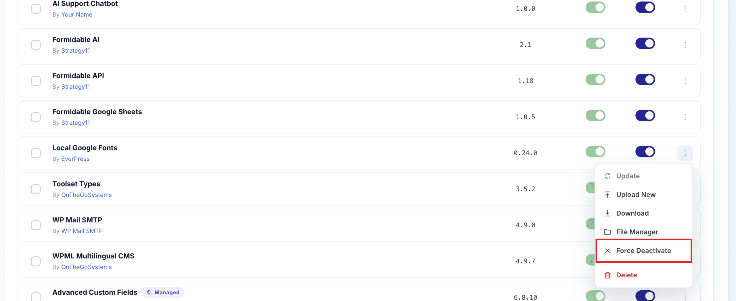 Force Deactivate in the plugin Actions menu