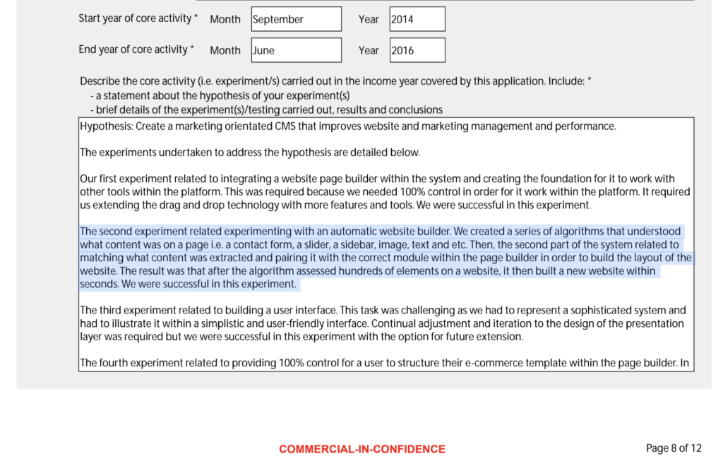Snippet from the 2015 R&D claim describing the original AI site builder