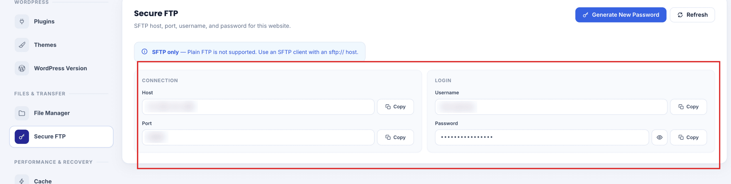 Secure FTP host, port, username, and password in Staq Panel