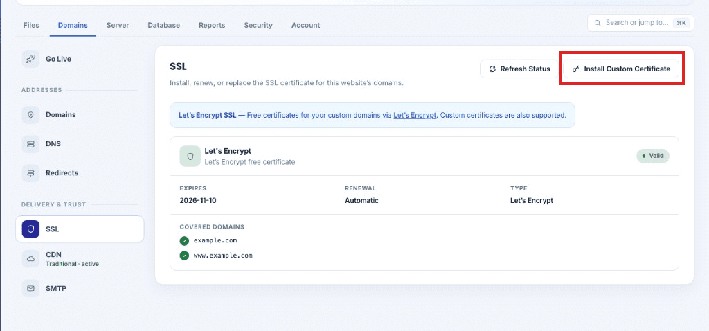 Install Custom Certificate on Domains, SSL