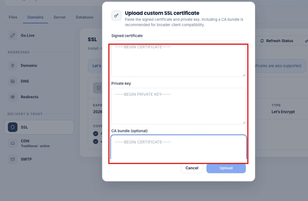 Paste the certificate, private key, and CA bundle