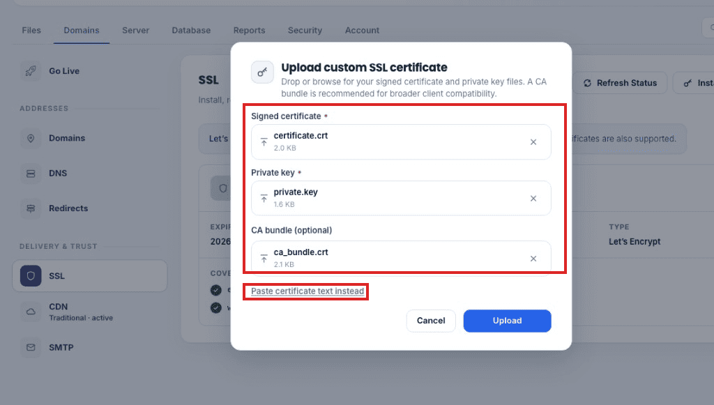 Upload the signed certificate, private key, and CA bundle
